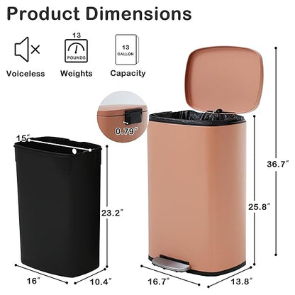 50 Liter / 13 Gallon Kitchen Trash Can with Lid, Stainless Steel Trash Can with Foot Pedal and Plastic Inner Bucket, Fingerprint-Resistant Soft Close Lid Garbage Can, Odor Proof and Hygienic, Pink - Image 6
