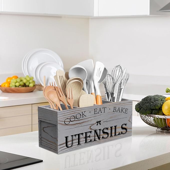 Suli Extra Large Kitchen Utensils Holder with 4 Compartments, Wooden Utensil Organizer for Kitchen Countertop, Farmhouse Decor, Rustic Cooking Utensil - Grey grain - Image 7
