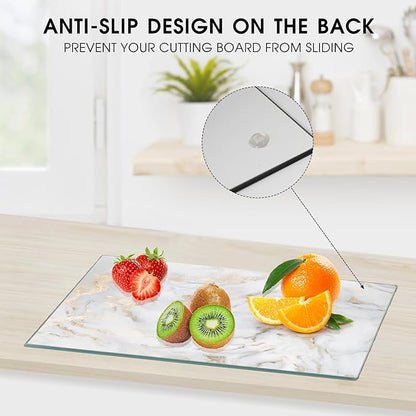 JAMBALAY Tempered Glass Cutting Board for Kitchen, 12"x8" Marble Pattern Cutting Board, Glass Chopping Board with Rubber Non Slip Feet, Heat and Scratch Resistant, Dishwasher Safe, White Golden