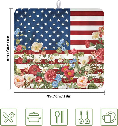 4th of July Dish Drying Mat 18x16 Inch, Patriotic Drying Mat with Absorbent Reversible Microfiber, Independence Day Dish Drainer Mats Memorial Day Rack Pad for Coffee Countertop Kitchen Protector