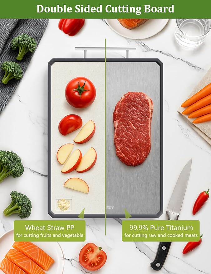 Titanium Cutting Boards for Kitchen, 2 in 1 Non Toxic Cutting Board, Food-Grade Double Sided Pure Titanium & Wheat Straw PP Chopping Board for Meat/Vegetables, Dishwasher Safe Large 16.3”×11-1 PC - Image 2