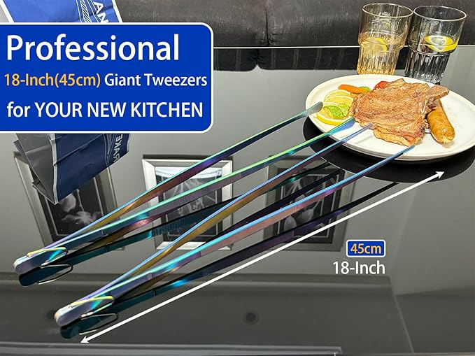 JETKONG 2 Pcs 18 Inch (45cm) Stainless Steel Grill Tongs Heavy Duty Giant Tweezer Tongs, Extra Large Tweezers Tools for Cooking, Grilling, BBQ and Turning Food (Rainbow) - Image 4