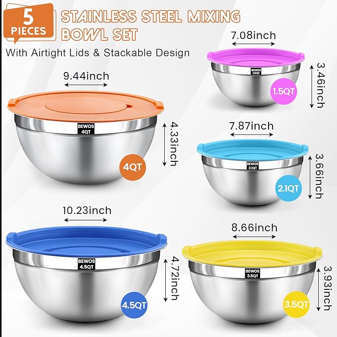 BEWOS Mixing Bowls with Lids Set - 5 Pcs Stainless Steel Mixing Bowls With 3 Grater Attachments, Size 4.5, 4, 3.5, 2.1, 1.5QT Metal Bowls for Baking and Serving (Colored) - Image 2
