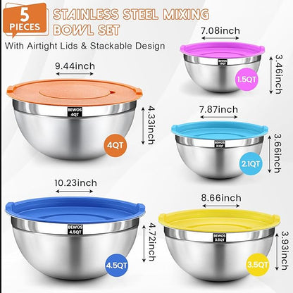 BEWOS Mixing Bowls with Lids Set - 5 Pcs Stainless Steel Mixing Bowls With 3 Grater Attachments, Size 4.5, 4, 3.5, 2.1, 1.5QT Metal Bowls for Baking and Serving (Colored) - Image 2