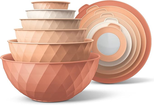 COOK WITH COLOR Mixing Bowls with Lids - 12 Piece Plastic Nesting Bowls Set includes 6 Prep Bowls and 6 Lids, Microwave Safe Mixing Bowl Set, Orange Diamond by CookwithColor