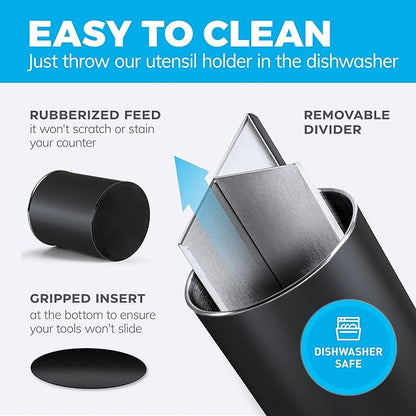 Cooler Kitchen Black Rotating Extra Large Stainless Steel Utensil Holder Caddy with Sturdy No-Tip Weighted Base, Removable Divider, and Gripped Insert - Dishwasher Safe Metal Cooking Utensil Holder - Image 3