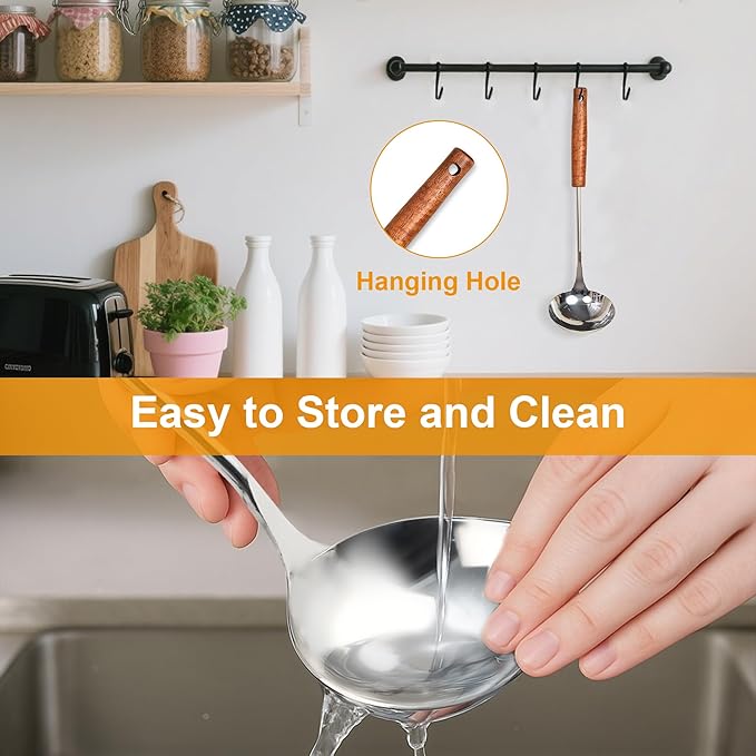 FJNATINH Soup Ladle, Food Grade Stainless Steel Ladle, Cooking Soup Spoon Kitchen Tools with Heat Resistant Wooden Handle, 13.7 Inches - Image 6