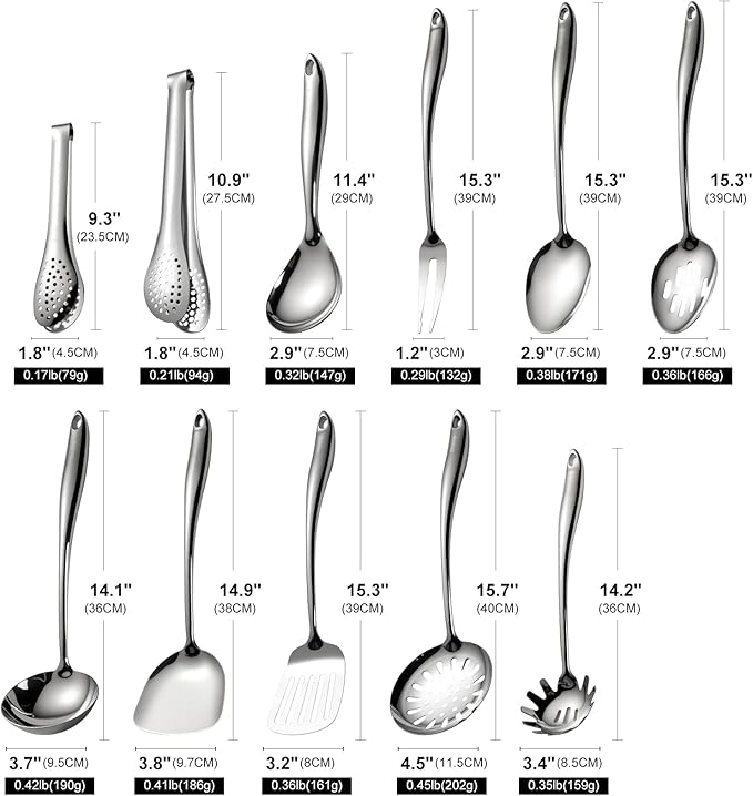 304 Stainless Steel Cooking Utensils Set, 11 PCS Long Large Metal Cooking Utensil Tools Set, Mirror Polished Kitchen Gadget Cookware and Kitchen Tool Set, Dishwasher Safe