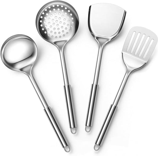 E-far Stainless Steel Cooking Utensils, 4-Piece Heat Resistant Kitchen Utensils Set, Non-toxic Metal Kitchen Tools Spatulas Set Including Soup Ladle, Slotted/Solid Turner, Skimmer, Dishwasher Safe by E-far