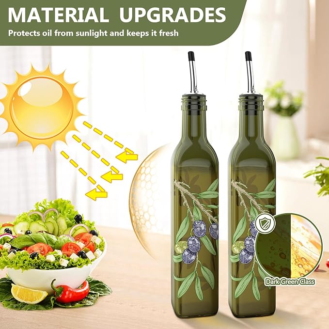COOLMI Oil and Vinegar Dispenser Set - 17oz/500ML Premium Glass Olive Oil Dispenser Bottles for Kitchen, Oil Dispenser for Kitchen (Olive) - Image 2