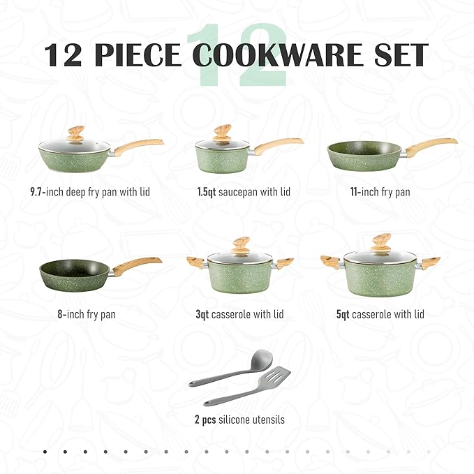 MAISON ARTS Pots and Pans Set Non Stick, 12 Piece Green Granite Kitchen Cookware Induction Compatible, Cooking Sets Pots and Pans Nonstick - Image 6