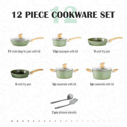MAISON ARTS Pots and Pans Set Non Stick, 12 Piece Green Granite Kitchen Cookware Induction Compatible, Cooking Sets Pots and Pans Nonstick - Image 6