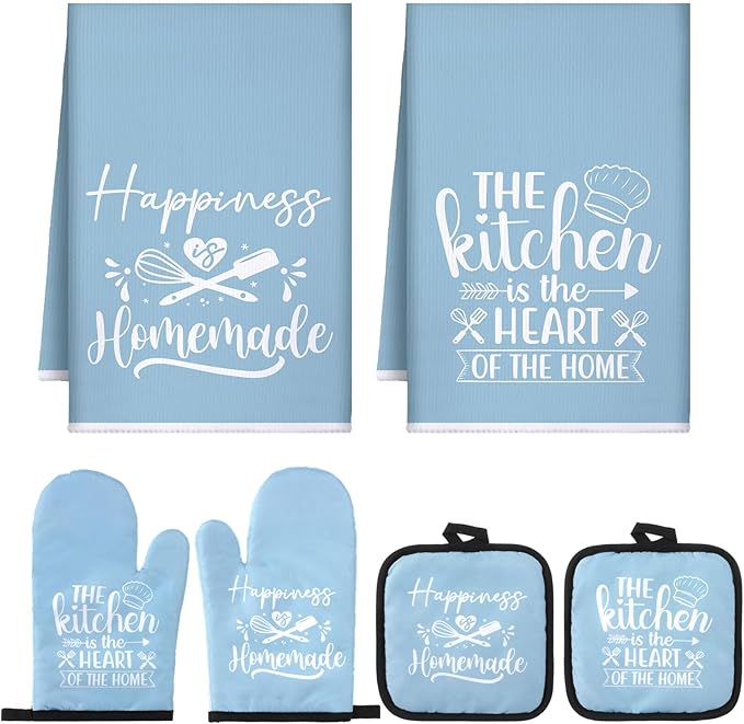 Sratte 6 Pcs Kitchen Decor Accessories Set Farmhouse Towels Pot Holders Oven Mitts Set 2 Dish Towels 2 Potholders 2 Cooking Mittens Oven Glove for Christmas Baking Cooking Supply(Light Blue,Kitchen) by Sratte