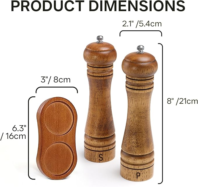 Wooden Salt and Pepper Grinder Set, Premium Oak Wood Salt Grinders Shakers, Pepper Mill with S and P Engraving, Adjustable Ceramic Grinder (8″ - 2 Packs with Tray) - Image 3