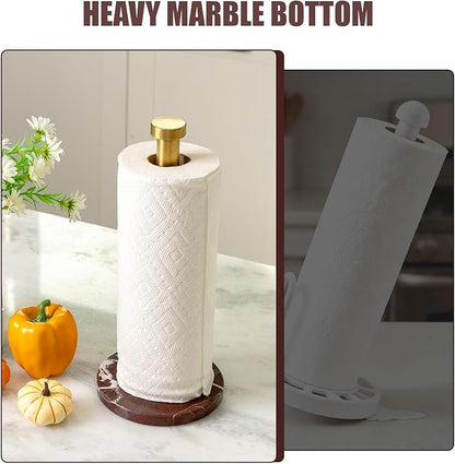 Koville Paper Towel Holder Countertop, Standing Paper Roll Holder with 6" Weighted Marble Base, Stone Paper Towel Holder with Gold Stainless Steel Rod for Kitchen Bathroom (Red)