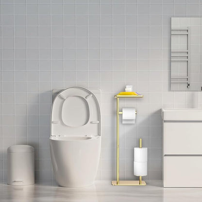 Day Moon™ - Toilet Paper Holder - Modern Roll Holder for Bathroom - 1 Pack - Free Standing - with Shelf, Gold - Image 9