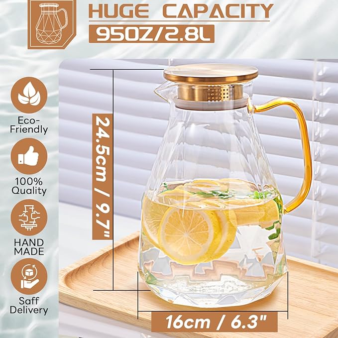 Yirilan 2.8 Liter Glass Pitcher with Lid, Transparent, Thermal Shock Resistant, Microwave Safe, Natural, 2.8L, Round, 6x12 Inches - Image 2