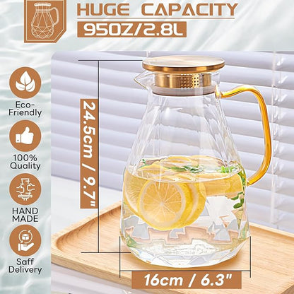 Yirilan 2.8 Liter Glass Pitcher with Lid, Transparent, Thermal Shock Resistant, Microwave Safe, Natural, 2.8L, Round, 6x12 Inches - Image 2