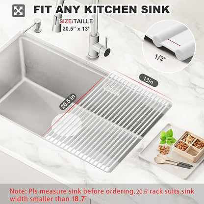 MERRYBOX Roll Up Dish Drying Rack Silicone Wrapped Over The Sink Dish Rack Foldable Dish Drainer Anti-Slip Dish Racks for Kitchen Counter, Multipurpose Kitchen Sink Drying Rack, 20.5" x 13", White - Image 2
