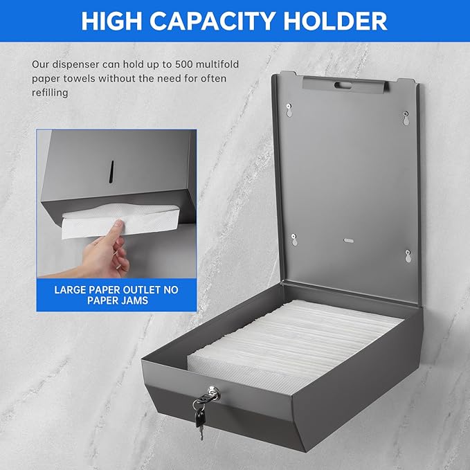 Paper Towel Dispenser Wall Mount Commercial c-fold/Multi-fold/Tri-fold, Touchless Hand Towel Dispenser with Lock(Dark Grey) - Image 2