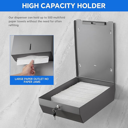 Paper Towel Dispenser Wall Mount Commercial c-fold/Multi-fold/Tri-fold, Touchless Hand Towel Dispenser with Lock(Dark Grey) - Image 2