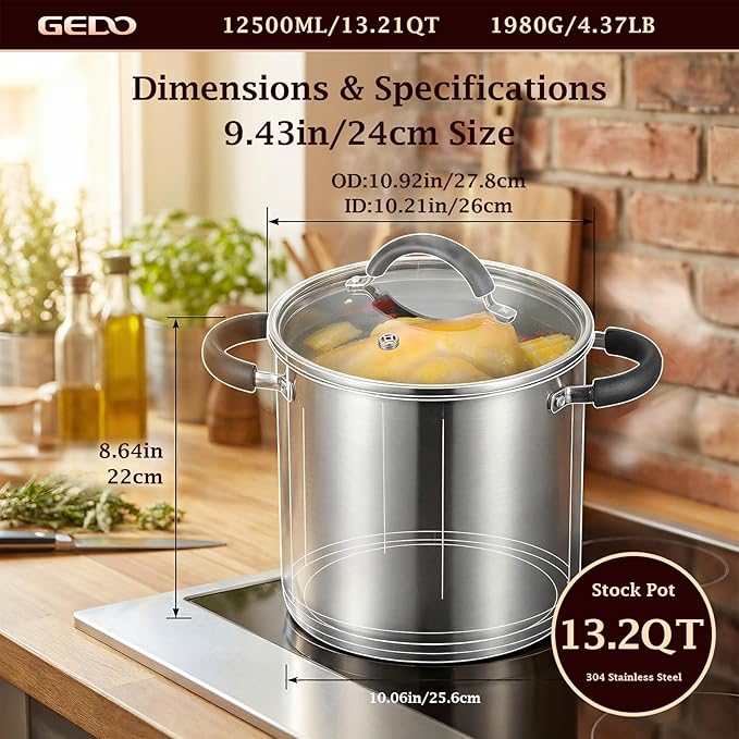 GEDO Food-Grade 304 Stainless Steel Stock Pot, Thickened Cooking Pot with Tempered Glass Lid, Heat-Resistant Handles, Fits All Stovetops for Soup Stew Canning, Dishwasher Safe (13.2, Quarts) - Image 3