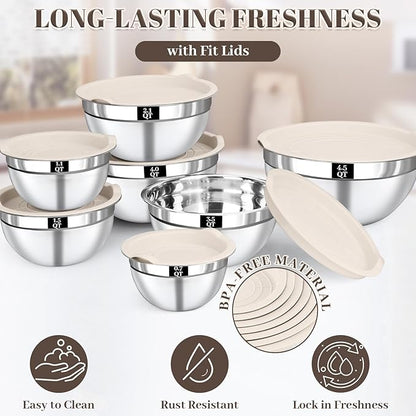 Mixing Bowls with Lids Set - 7PCS Nesting Mixing Bowls, Lids, Stainless Steel Mixing Bowls for Mixing, Baking & Meal Prep, Dishwasher Safe, Size 0.7/1.1/1.5/2.1/3.5/4/4.5 QT, Khaki - Image 3