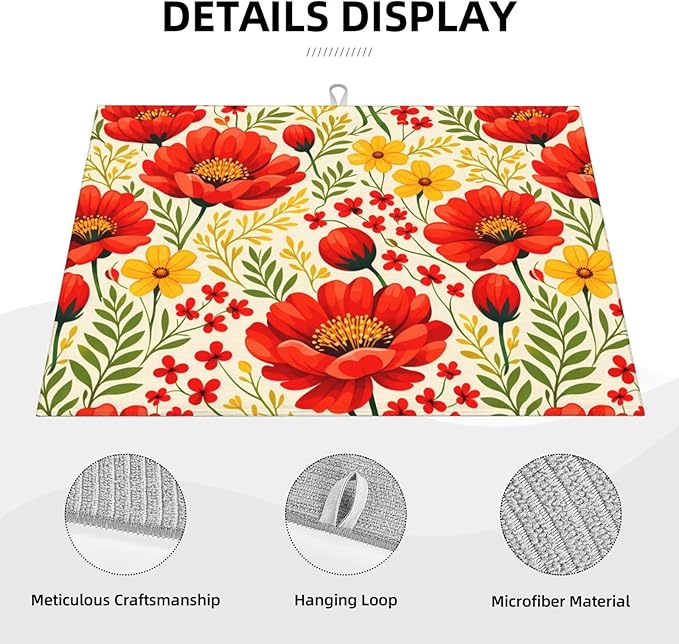 Watercolor Flower Dish Drying Mat For Kitchen Counter Absorbent Large Kitchen Fast Dry Pad Reusable Washable Protector Rack Large Mat 18 X 24