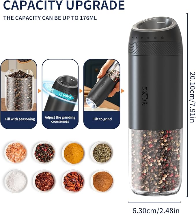 CIRCLE JOY Rechargeable Salt and Pepper Grinder Set, Gravity Sensor Electric Salt and Pepper Grinder Set with External Adjustment, 176ml Capacity and One-handed Operation, Black - Image 6