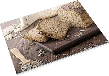 JAMBALAY Tempered Glass Cutting Board, 10"x14" for Kitchen Dishwasher Safe with Rubber Feet, Scratch Resistant, Heat Resistant, Shatterproof, Bread Pattern