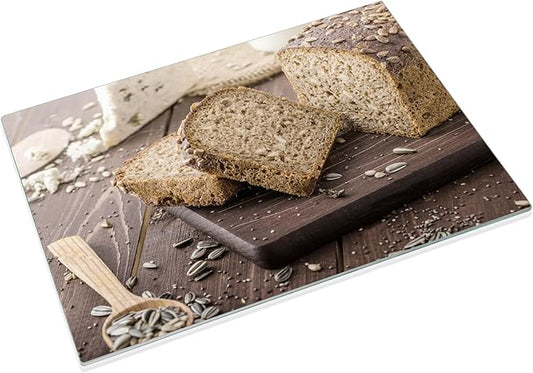 JAMBALAY Tempered Glass Cutting Board, 10"x14" for Kitchen Dishwasher Safe with Rubber Feet, Scratch Resistant, Heat Resistant, Shatterproof, Bread Pattern
