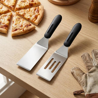 2-Pieces Small Metal Spatula Set, Mini Metal Spatulas for Kitchen Use, Stainless Steel Spatula for Flipping, Serving, Turning Pancakes, Eggs, Brownies, Cookies, Cakes (1 PC SLOTTED+1PC SOLID)
