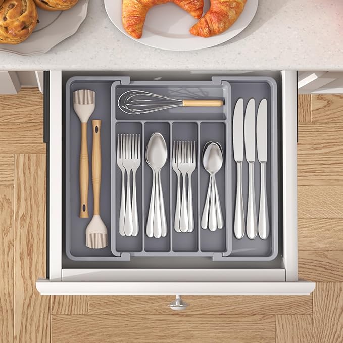 Lifewit Silverware Drawer Organizer, Expandable Utensil Tray for Kitchen, BPA Free Flatware and Cutlery Holder, Adjustable Plastic Storage for Spoons Forks Knives, 8.5-14 x 12", Gray - Image 8