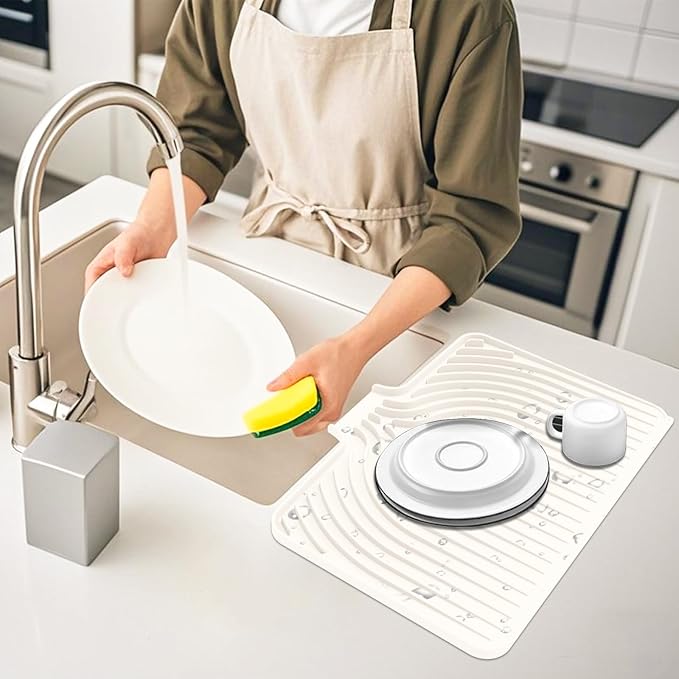 Dish Drying Mat for Kitchen Counter, with Built-in Drain Lip, Food-Grade Silicone, Easy Clean Pad for Countertop Protection, Multi-Functional Use (18x11.8, Cassava White) - Image 6