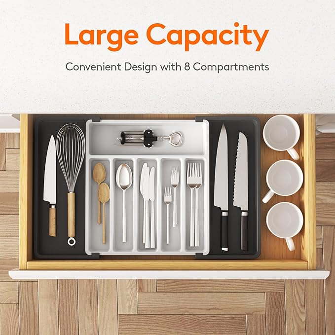 Lifewit Silverware Drawer Organizer, Expandable Utensil Tray for Kitchen, BPA Free Flatware and Cutlery Holder, Adjustable Plastic Storage for Spoons Forks Knives, 13-22 x 15", White&Black - Image 2