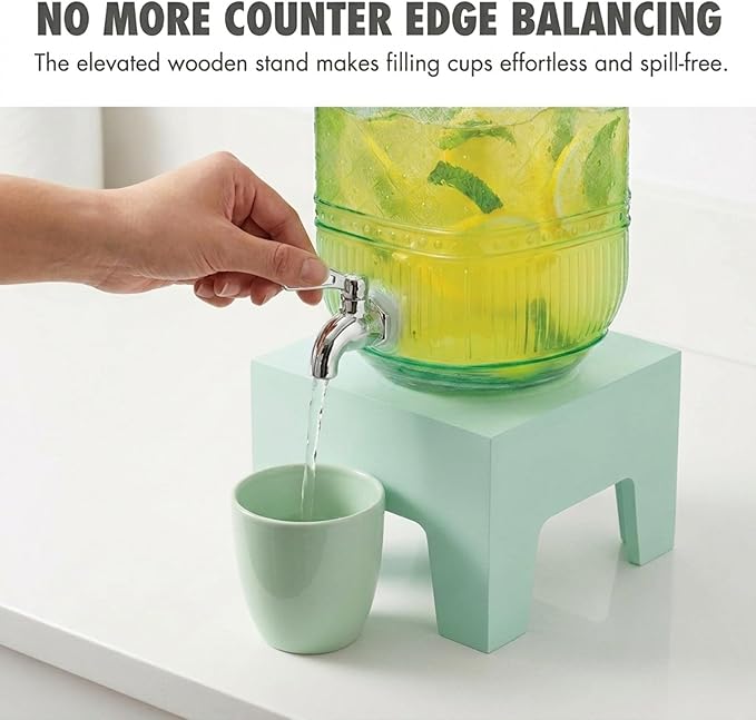Beverage Dispenser 1 Gallon, Glass Drink Dispenser with Wooden Base Stand, Wide Mouth Jar for Lemonade, Iced Tea, Infused Water, Vintage Kitchen Decor - Green