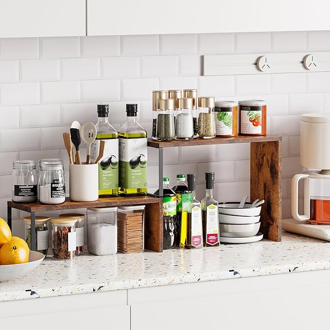 Kitchen Countertop Organizer, Spice Rack Cabinet Organizer Shelf Stackable Counter Corner Shelves Organization and Storage for Pantry, Counter top, Coffee Station Wood Rustic Brown - Image 3