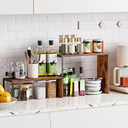 Kitchen Countertop Organizer, Spice Rack Cabinet Organizer Shelf Stackable Counter Corner Shelves Organization and Storage for Pantry, Counter top, Coffee Station Wood Rustic Brown - Image 3