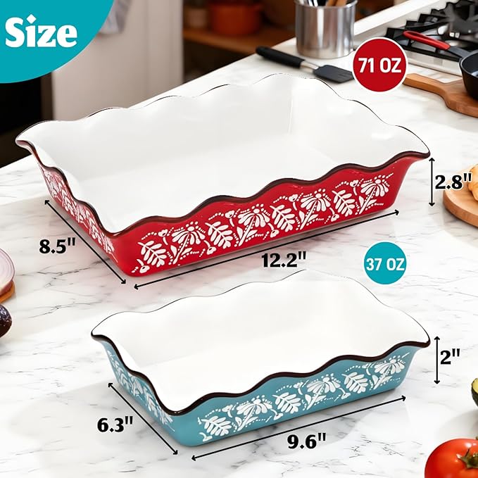 2 Pack Ceramic Baking Dishes, Large Rectangular Casserole Dish Lasagna Pan for Oven, Nonstick Deep Serving Dishes Roaster Bakeware Sets for Cooking, Home, Kitchen - Image 2