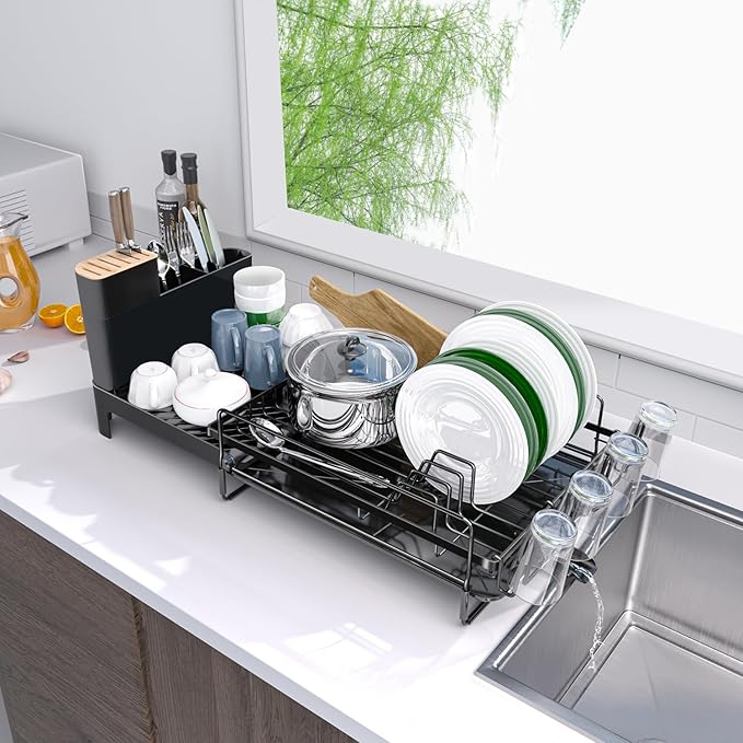 Runnatal Large Detachable Dish Rack with Drainboard Set, Dish Drying Rack Extendable Dish Rack, Utensil Holder, Cup Holder, Expandable Dish Drainer for All Kitchen Counter,20.5"-27.6" L x 12.6" W - Image 2