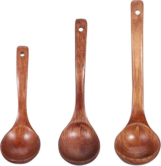 Wooden Ladle for Soup, Non-Stick Wooden Spoon Set, 3 Size Wood Ladle Spoon with Back Hooks for Deep Pot, Natural Wood Kitchen Utensils Set for Serving, Stirring