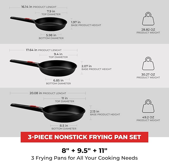 BRA COOKWARE Infinity 3-Piece Nonstick Frying Pan Set | 8, 9.5 & 11 Inch Cast Aluminum Skillet Set | Removable Handle | PFOA/PFAS Free Fry Pans | All Cooktops incl. Induction | Oven Safe Skillets