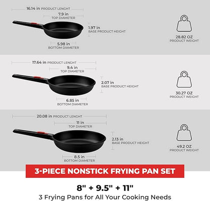 BRA COOKWARE Infinity 3-Piece Nonstick Frying Pan Set | 8, 9.5 & 11 Inch Cast Aluminum Skillet Set | Removable Handle | PFOA/PFAS Free Fry Pans | All Cooktops incl. Induction | Oven Safe Skillets