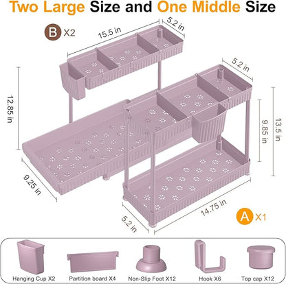 Sevenblue 3 Pack Multi-Purpose Under Sink Organizers and Storage, 2026 L-Shaped Pull Out Cabinet Organizer for Bathroom & Kitchen, Under Cabinet Organizer with Hooks Hanging Cup (Pink, 12.85 inch) - Image 6