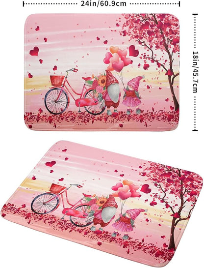 Pink Heart Valentine's Day Gnomes Dish Drying Mat for Kitchen Counter,Pink Bicycle Love Tree Drying Mat 18 x 24 Inch with Absorbent Reversible Microfiber Dish Drying Pad Dish Rack Pad for Coffee Bar - Image 2