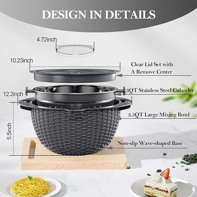4-in-1 Colander with Bowl Set – Food Strainers and Colanders - Stainless Steel Rotatable Strainer for Fruits & Veggies – Pasta Strainer - Kitchen Essentials - Grey - Image 2