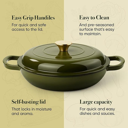 3 Quart Enameled Cast Iron Braiser, Non Stick Enameled Cast Iron Skillet with Lid, Dutch Oven Skillet with lid up to 500°F for Oven, Stove, Grill, Shallow Dutch Oven for Cook, Bake (Golden Green)