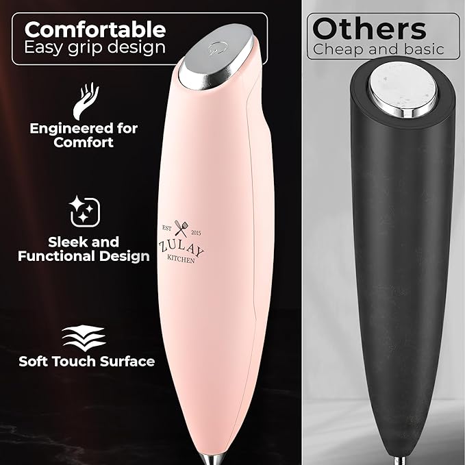 Zulay Kitchen Patented Tornado Triple Whisk Milk Frother with 4 Duracell Batteries – Handheld Foam Maker for Coffee, Lattes, Matcha & Hot Chocolate – Rich, Creamy Froth in Seconds - Spritz Pink - Image 4