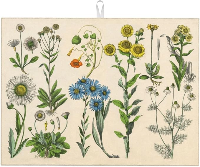 Plants Herbs Floral Dish Drying Mat XL Microfiber Kitchen Drying Mat Large Dish Drying Mats for Kitchen Counter Absorbent Quick Drying Pad 18x24 Inch