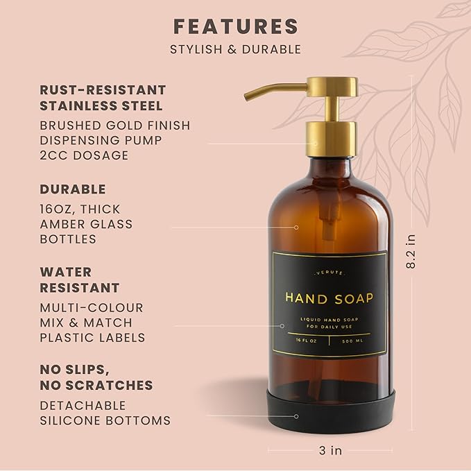 Hand and Dish Soap Dispenser for Kitchen and Bathroom, Set of 2 16 Oz Glass Bottles, Stainless Steel Pumps, Non-Slip Silicone Base, 27 Waterproof Labels (Amber Bottle/Brushed Gold Pump) - Image 6